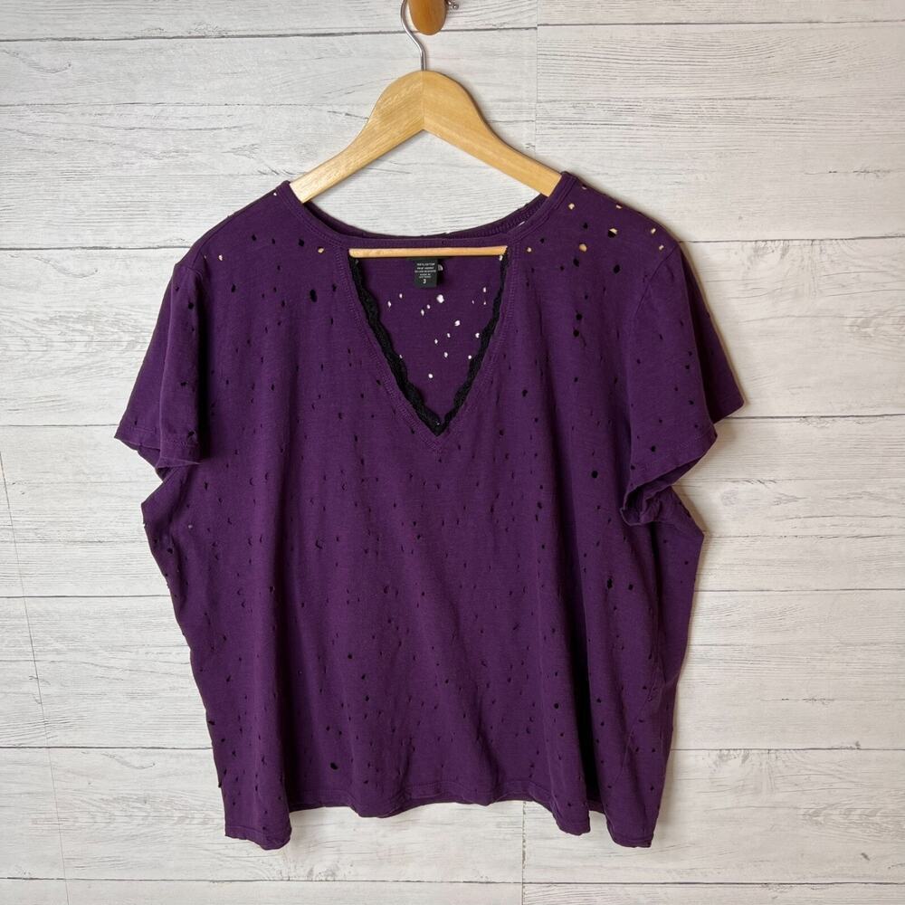 Torrid Blouse Womens SZ 3 Plum Distressed V Neckline Cut Out 100% Cotton Casual